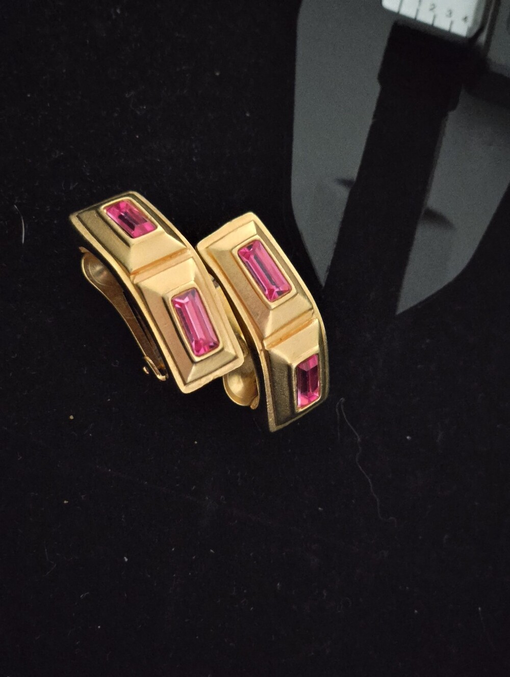 Gold-Tone Clip Earrings with Pink Baguette Stones